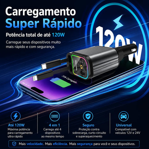 Carregador Veicular com Cabos Retráteis 4 em 1
