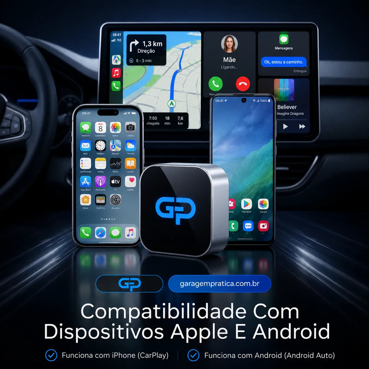 Adaptador CarPlay e Android Auto Sem Fio